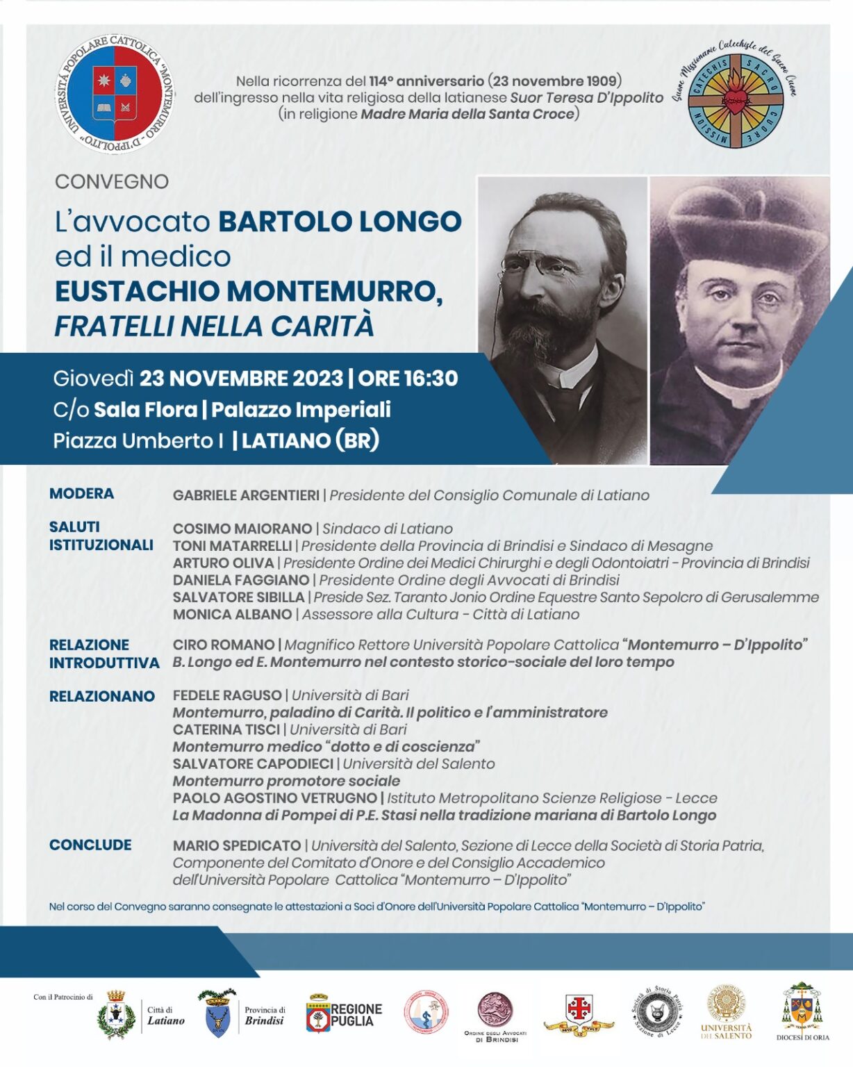 Latiano: Convegno "L’Avv. Bartolo Longo ed il medico Eustachio Montemurro fratellinella carità", il 23 Novembre 2023 