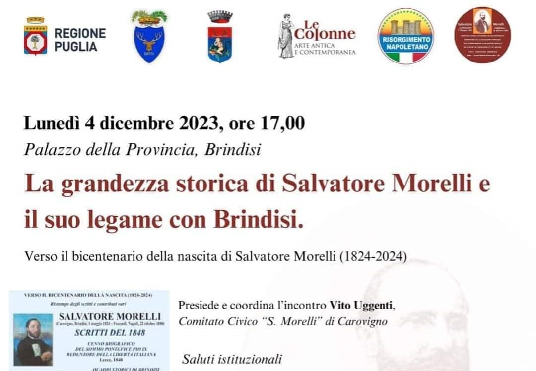 Brindisi: Incontro pubblico "La grandezza storica di Salvatore Morelli e il suo legame con Brindisi"